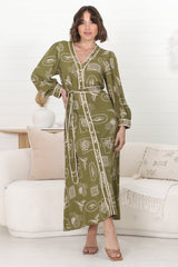 Arlette Midi Dress - Button Down Long Sleeve Dress with Matching Belt in Saad Print