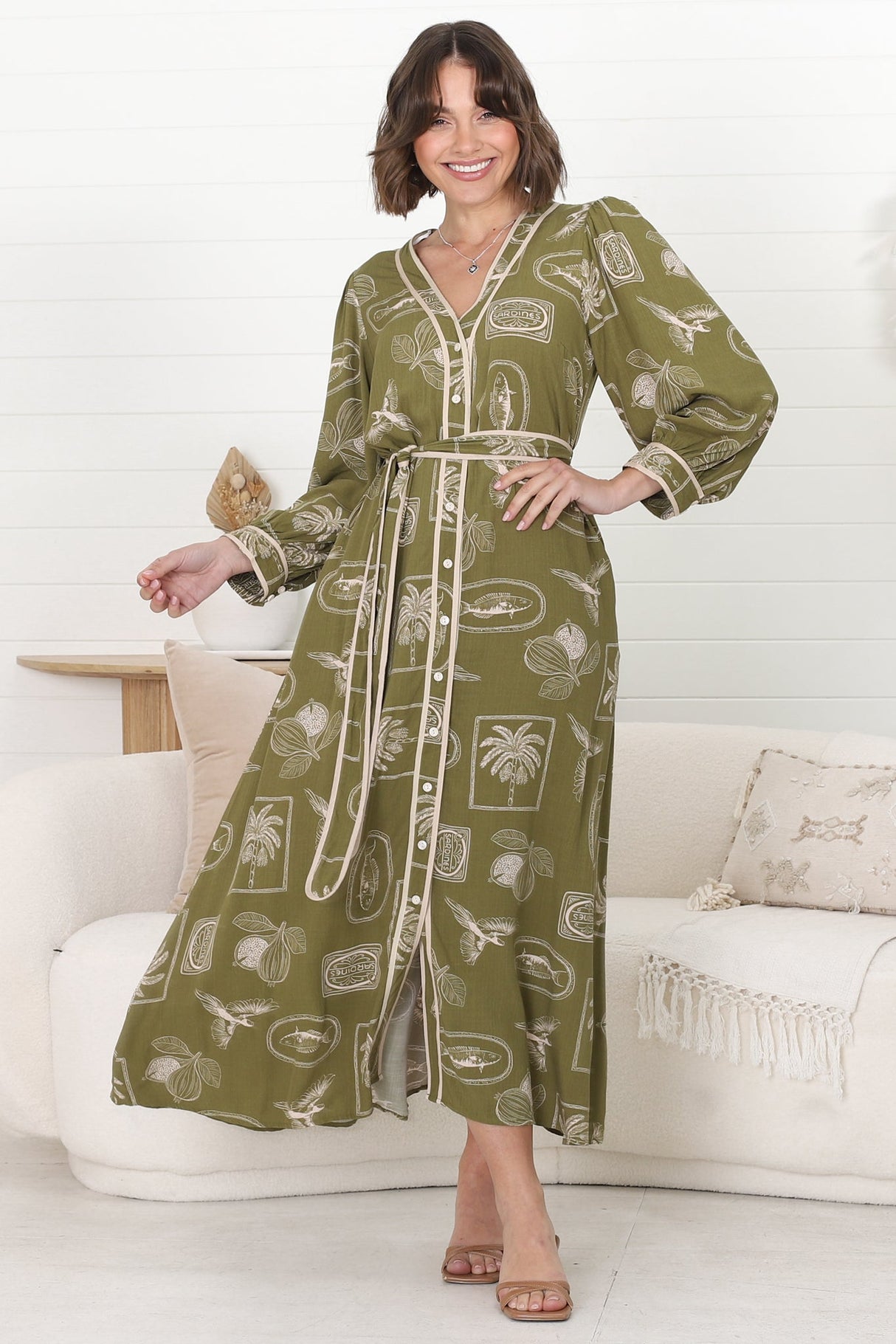 Arlette Midi Dress - Button Down Long Sleeve Dress with Matching Belt in Saad Print