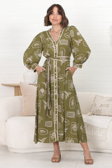 Arlette Midi Dress - Button Down Long Sleeve Dress with Matching Belt in Saad Print