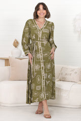 Arlette Midi Dress - Button Down Long Sleeve Dress with Matching Belt in Saad Print