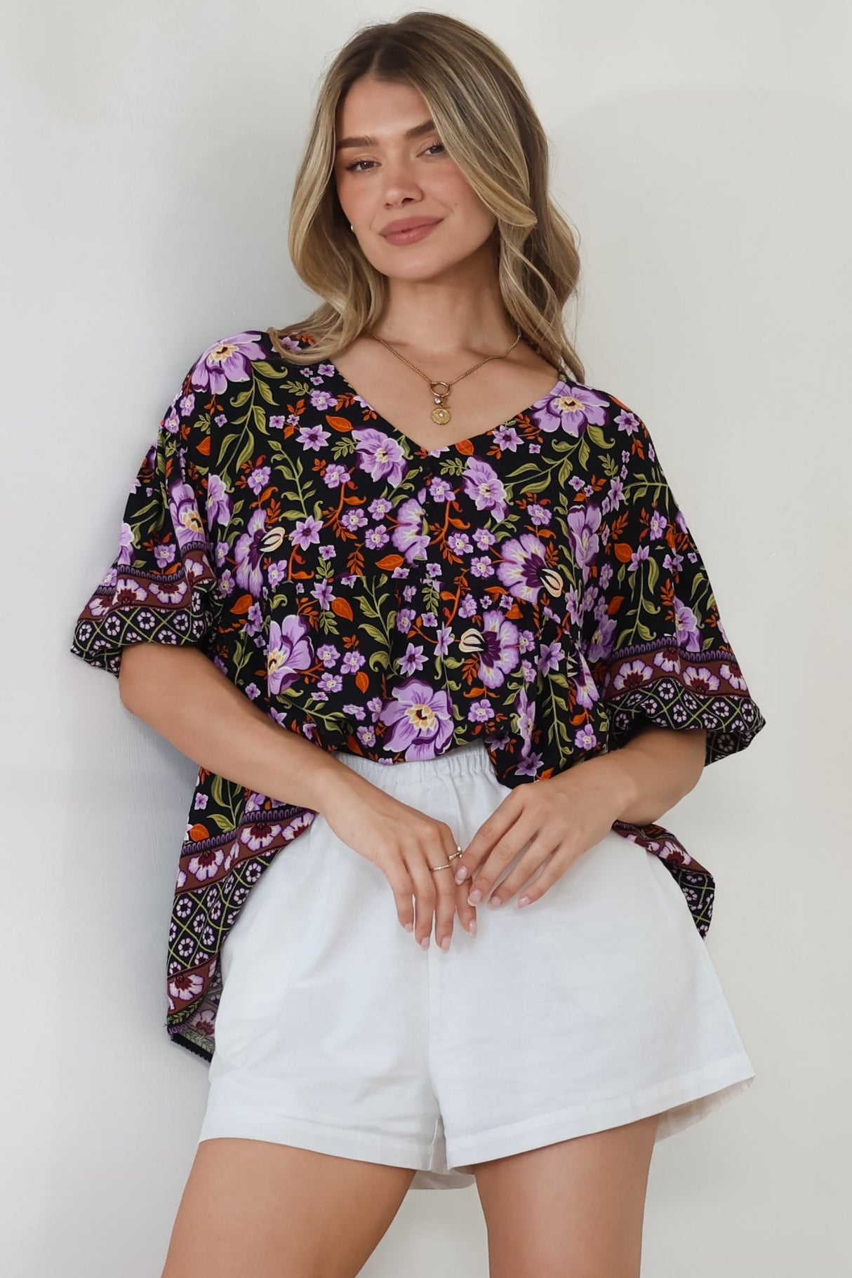 Arlette Blouse - V-Neck Buttoned Bodice Smock Top in Violet Femme Print