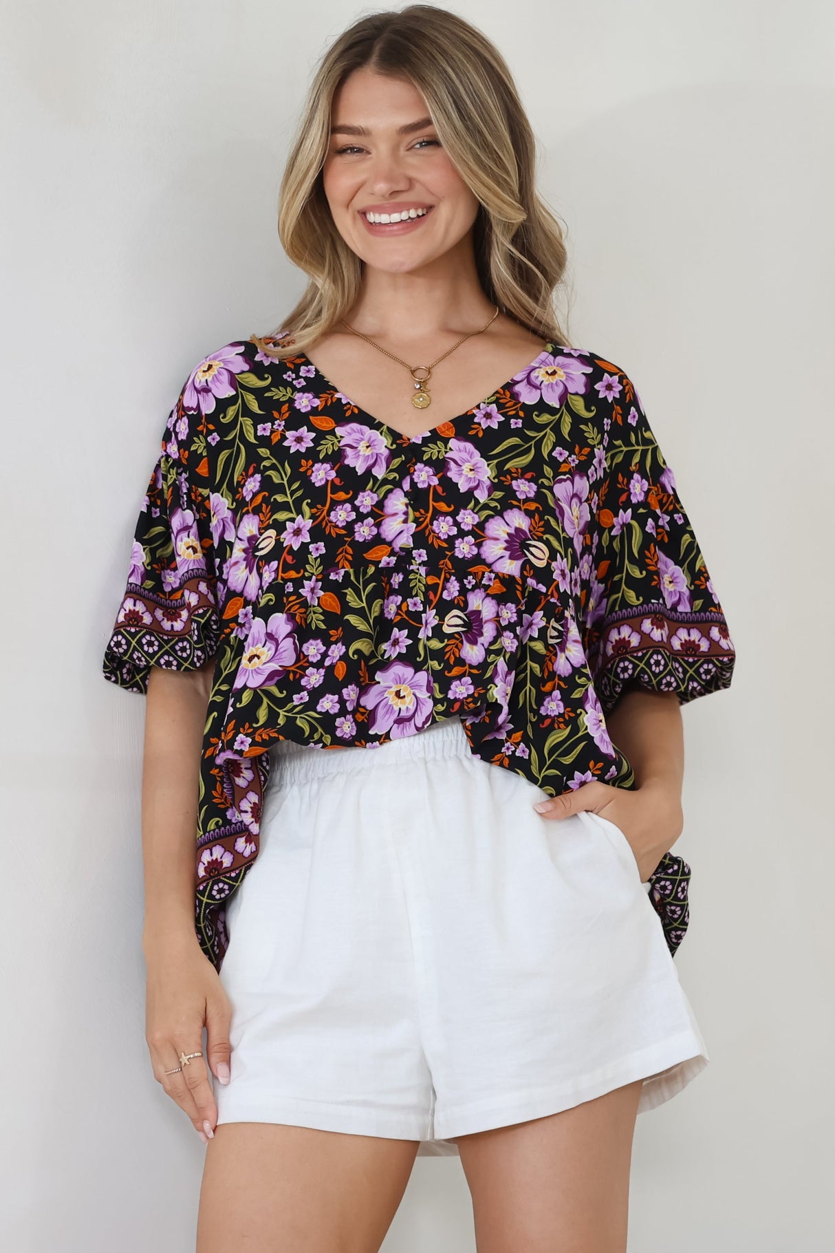 Arlette Blouse - V-Neck Buttoned Bodice Smock Top in Violet Femme Print