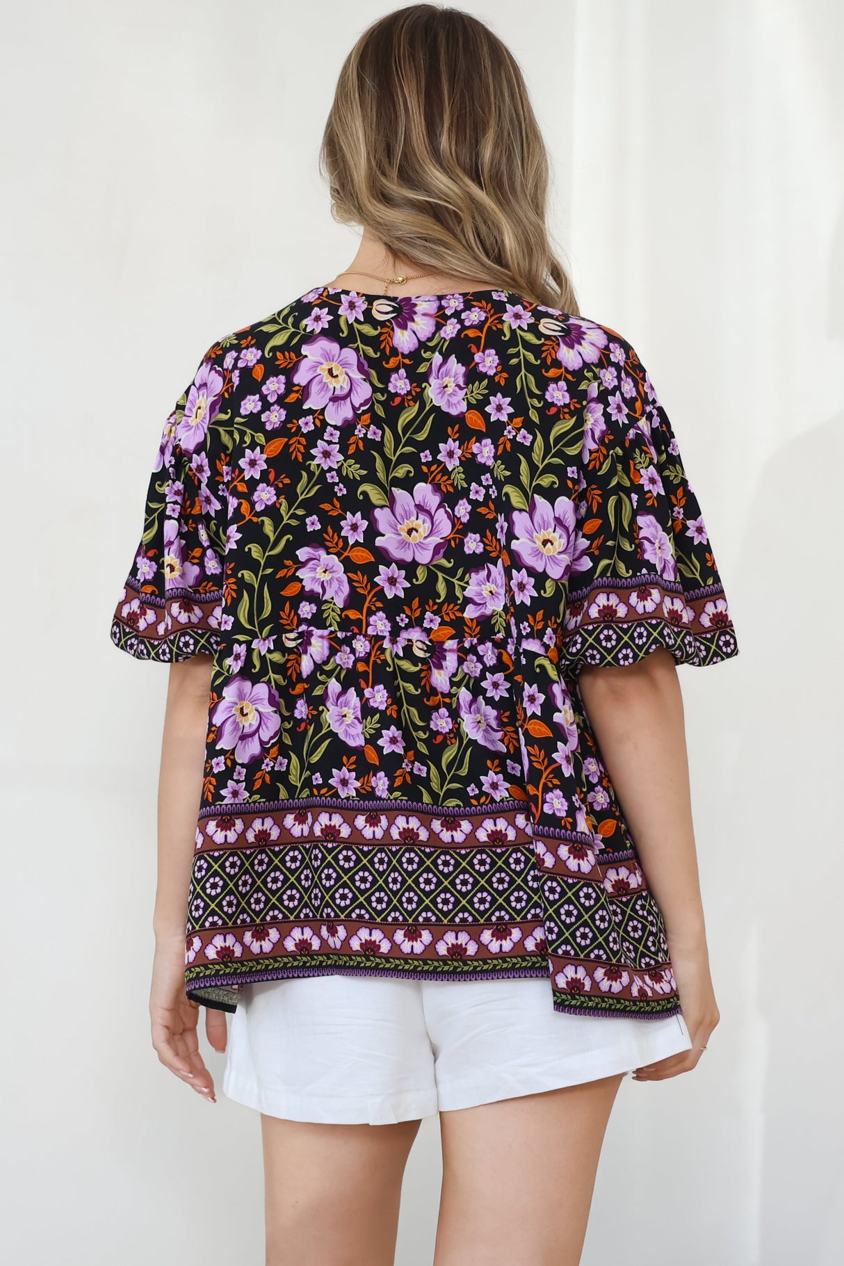Arlette Blouse - V-Neck Buttoned Bodice Smock Top in Violet Femme Print