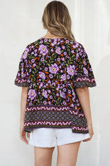 Arlette Blouse - V-Neck Buttoned Bodice Smock Top in Violet Femme Print