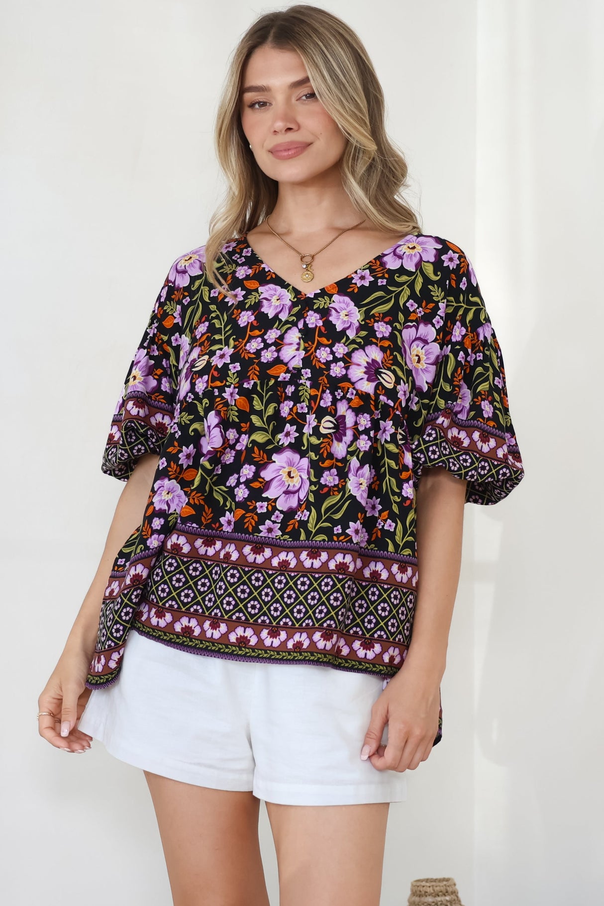 Arlette Blouse - V-Neck Buttoned Bodice Smock Top in Violet Femme Print