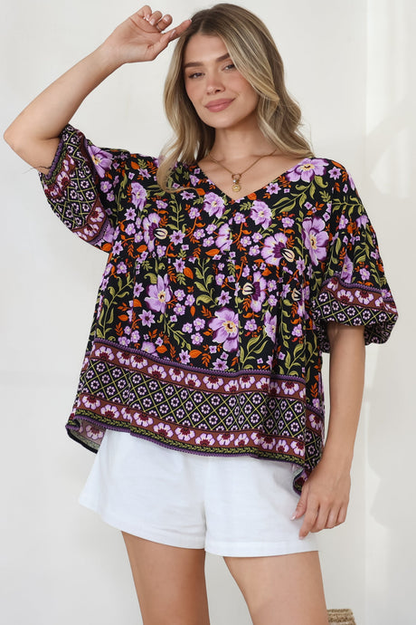 Arlette Blouse - V-Neck Buttoned Bodice Smock Top in Violet Femme Print