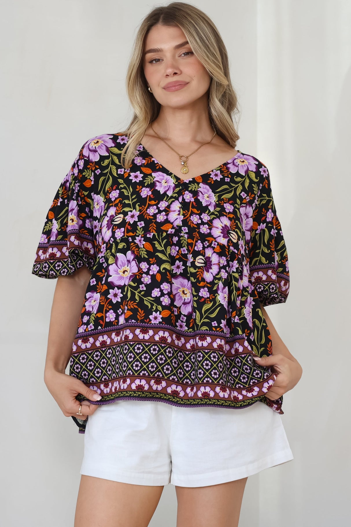 Arlette Blouse - V-Neck Buttoned Bodice Smock Top in Violet Femme Print