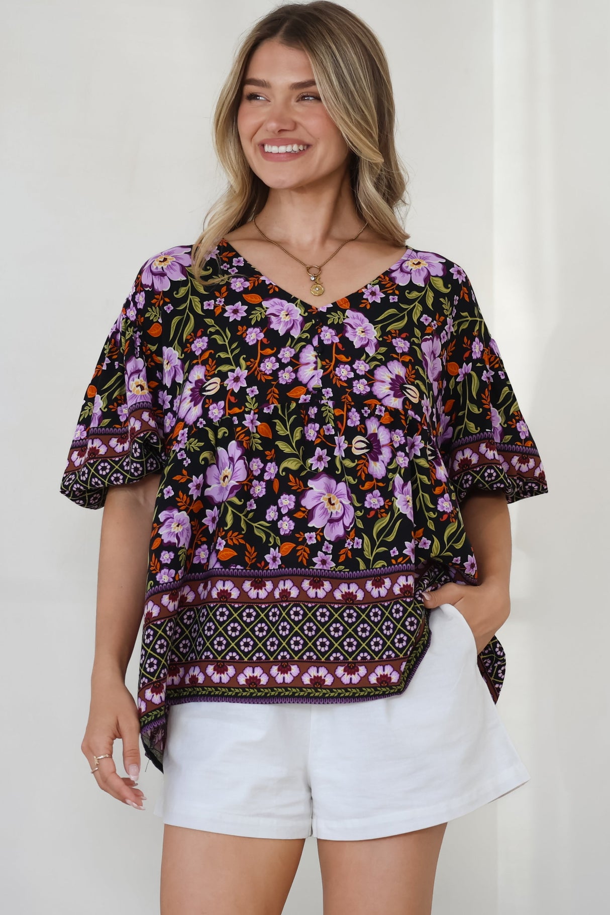 Arlette Blouse - V-Neck Buttoned Bodice Smock Top in Violet Femme Print