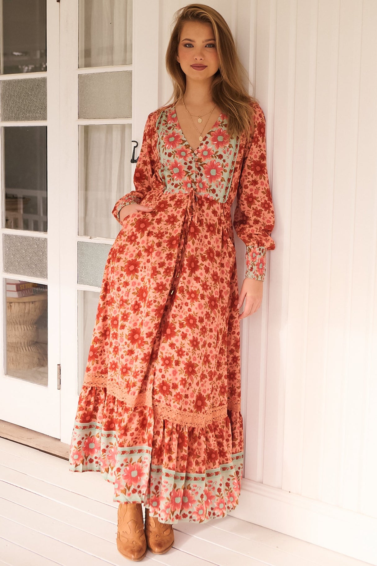 JAASE - Arlo Maxi Dress: V-Neck Pull Tie Waist Maxi With Pockets in Lillianna Print