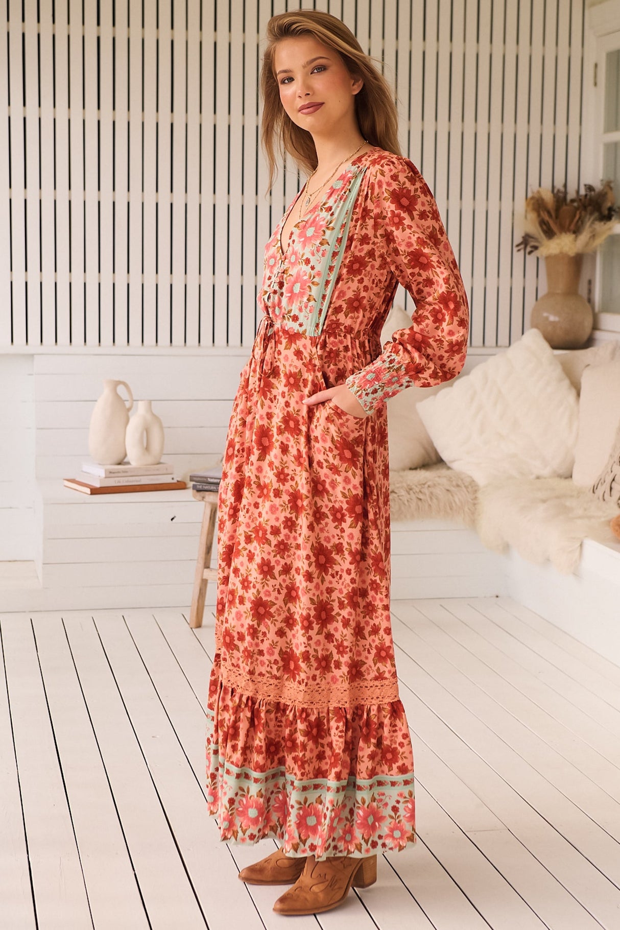 JAASE - Arlo Maxi Dress: V-Neck Pull Tie Waist Maxi With Pockets in Lillianna Print