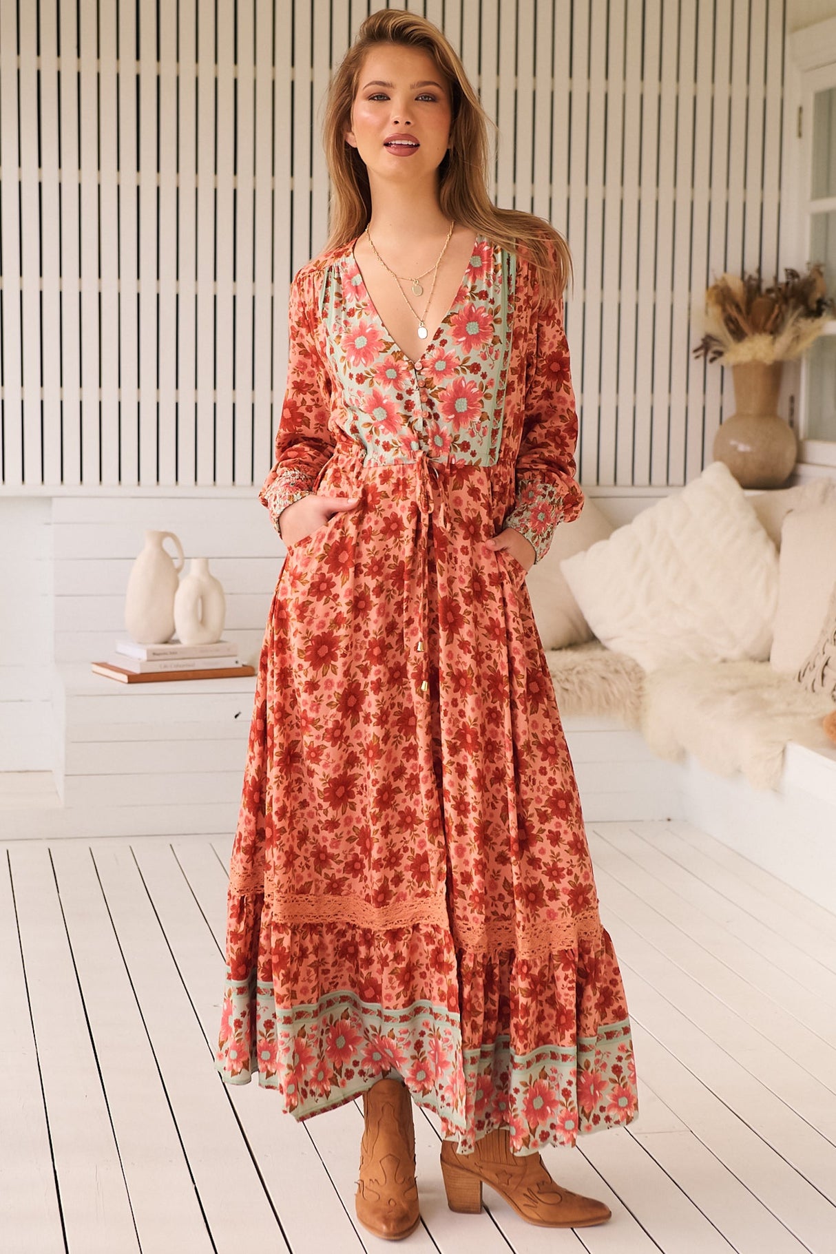 JAASE - Arlo Maxi Dress: V-Neck Pull Tie Waist Maxi With Pockets in Lillianna Print