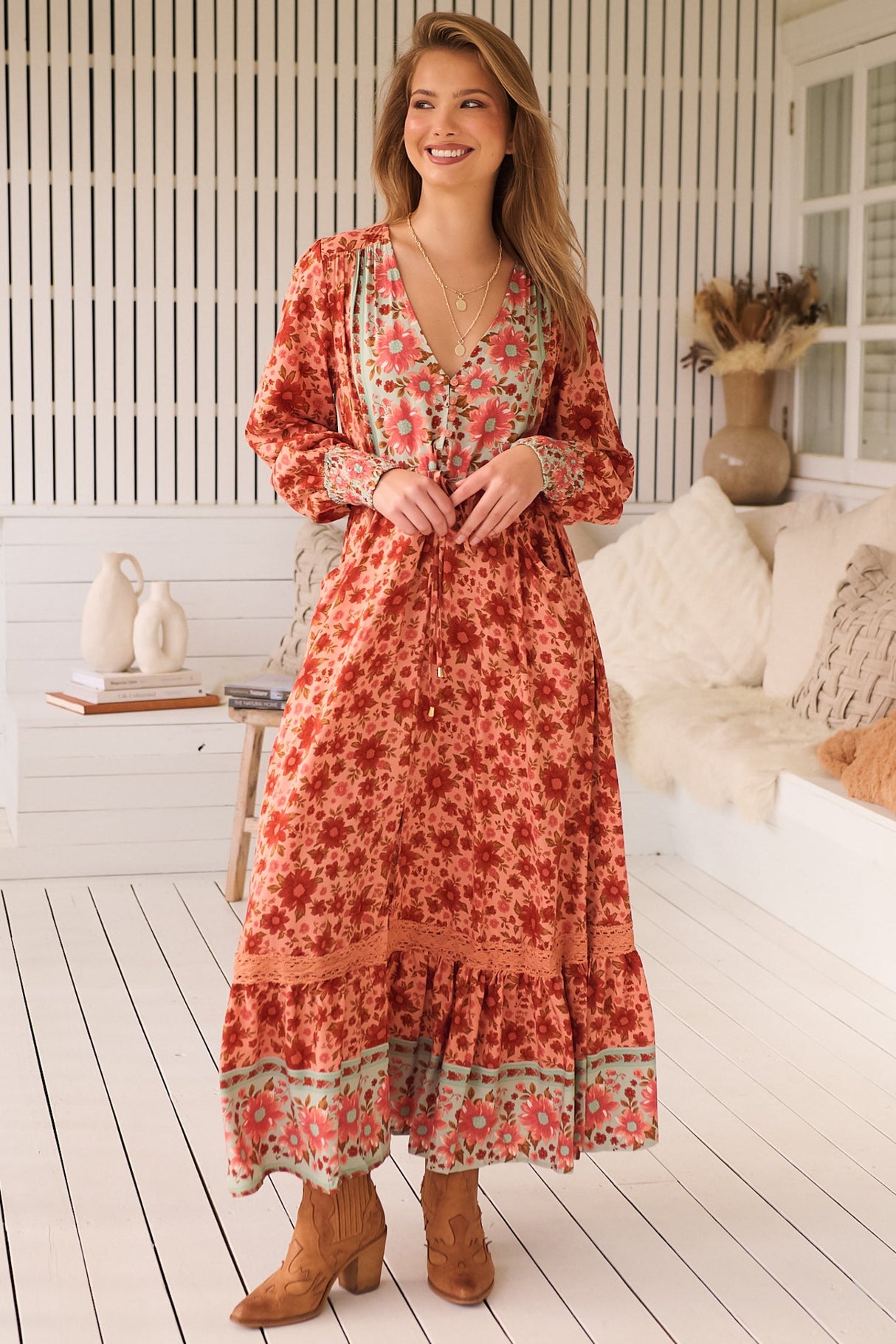 JAASE - Arlo Maxi Dress: V-Neck Pull Tie Waist Maxi With Pockets in Lillianna Print