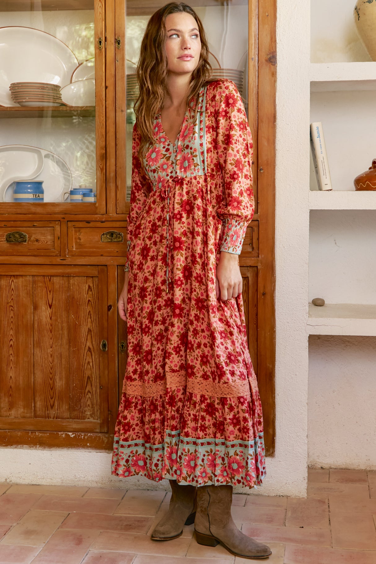 JAASE - Arlo Maxi Dress: V-Neck Pull Tie Waist Maxi With Pockets in Lillianna Print