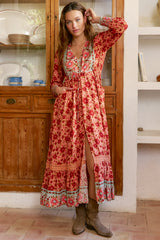 JAASE - Arlo Maxi Dress: V-Neck Pull Tie Waist Maxi With Pockets in Lillianna Print