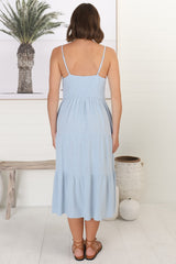 Arlowe Midi Dress - Soft V Neckline Tiered Linen Sun Dress in Blue