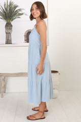 Arlowe Midi Dress - Soft V Neckline Tiered Linen Sun Dress in Blue