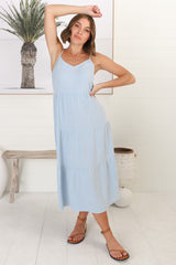 Arlowe Midi Dress - Soft V Neckline Tiered Linen Sun Dress in Blue