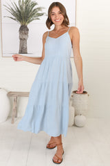 Arlowe Midi Dress - Soft V Neckline Tiered Linen Sun Dress in Blue