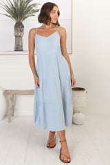 Arlowe Midi Dress - Soft V Neckline Tiered Linen Sun Dress in Blue