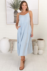 Arlowe Midi Dress - Soft V Neckline Tiered Linen Sun Dress in Blue