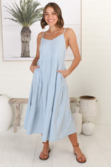 Arlowe Midi Dress - Soft V Neckline Tiered Linen Sun Dress in Blue