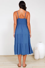 Arlowe Midi Dress - Soft V Neckline Tiered Linen Sun Dress in Cobalt Blue