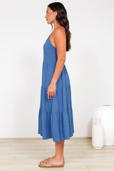 Arlowe Midi Dress - Soft V Neckline Tiered Linen Sun Dress in Cobalt Blue