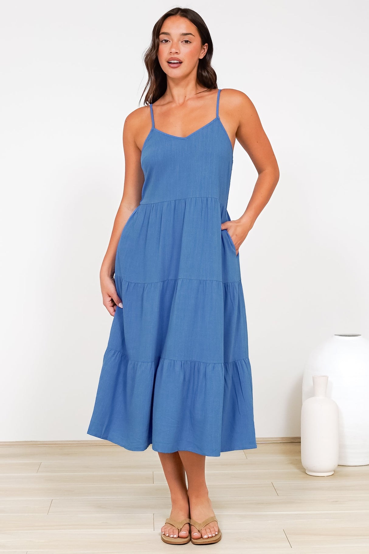 Arlowe Midi Dress - Soft V Neckline Tiered Linen Sun Dress in Cobalt Blue