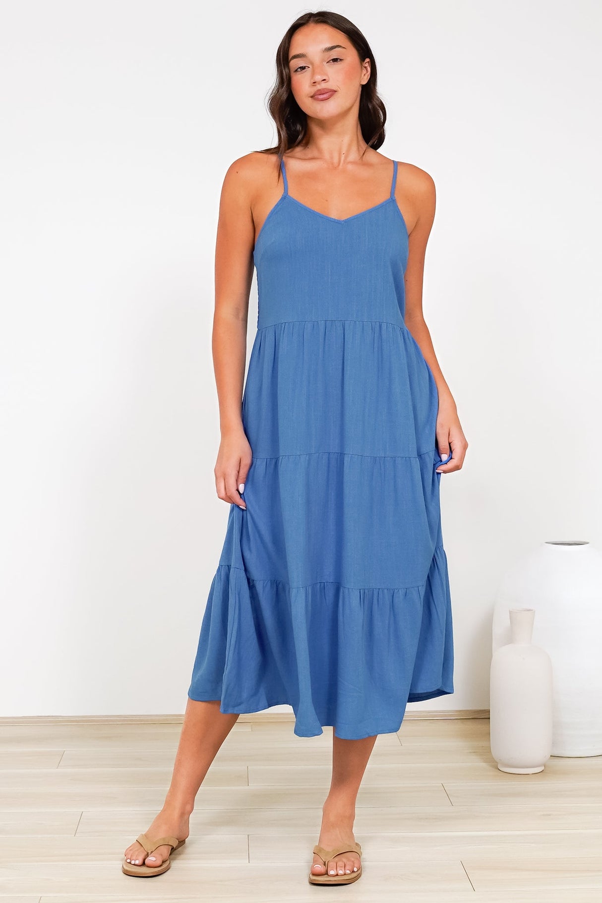 Arlowe Midi Dress - Soft V Neckline Tiered Linen Sun Dress in Cobalt Blue
