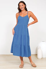 Arlowe Midi Dress - Soft V Neckline Tiered Linen Sun Dress in Cobalt Blue
