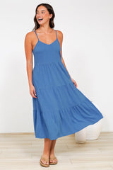 Arlowe Midi Dress - Soft V Neckline Tiered Linen Sun Dress in Cobalt Blue