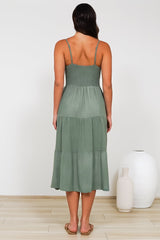 Arlowe Midi Dress - Soft V Neckline Tiered Linen Sun Dress in Khaki