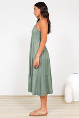 Arlowe Midi Dress - Soft V Neckline Tiered Linen Sun Dress in Khaki