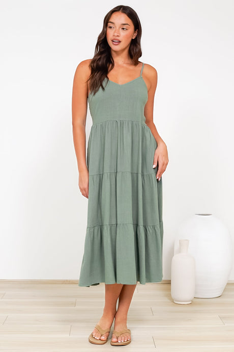 Arlowe Midi Dress - Soft V Neckline Tiered Linen Sun Dress in Khaki