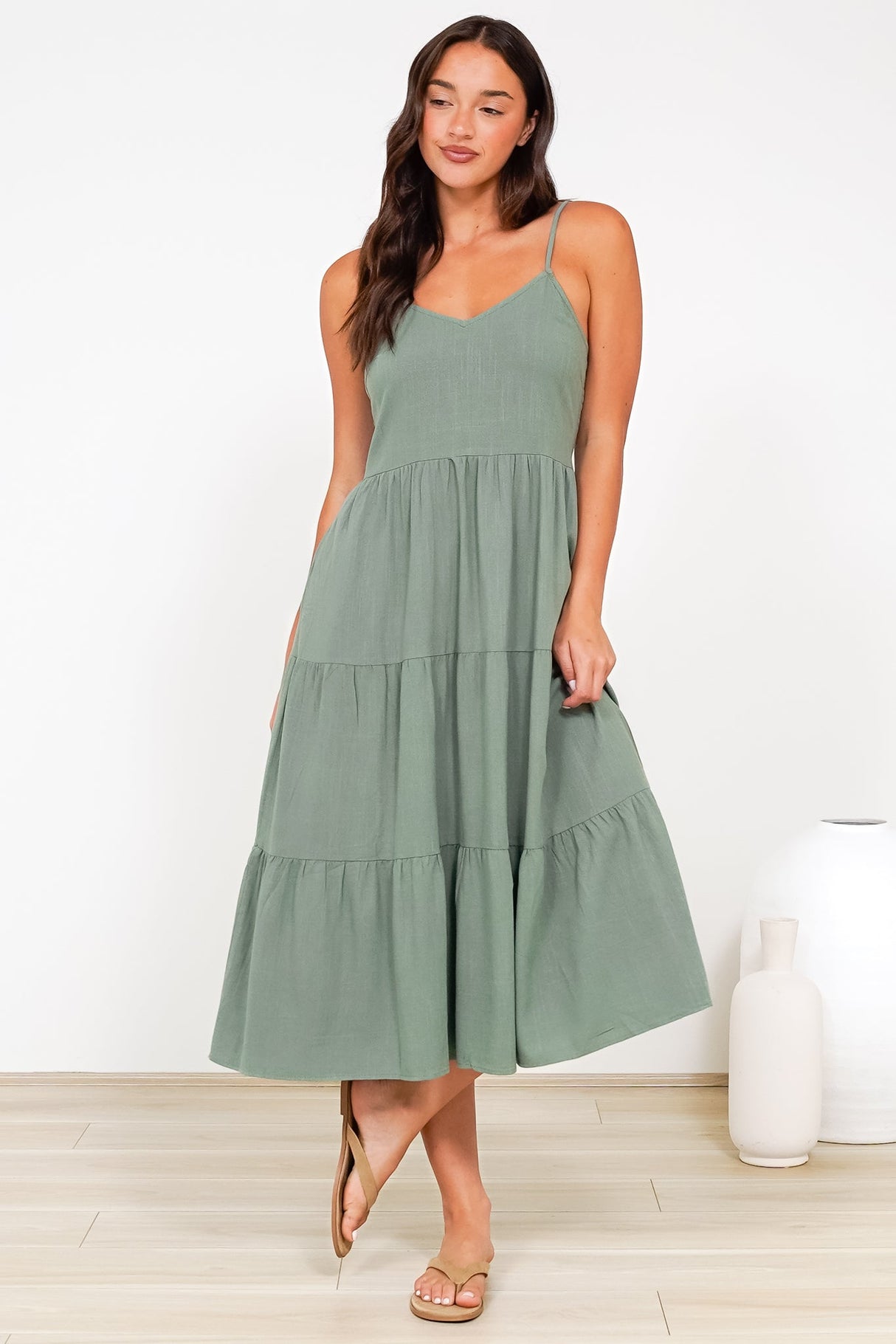 Arlowe Midi Dress - Soft V Neckline Tiered Linen Sun Dress in Khaki