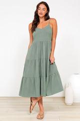 Arlowe Midi Dress - Soft V Neckline Tiered Linen Sun Dress in Khaki