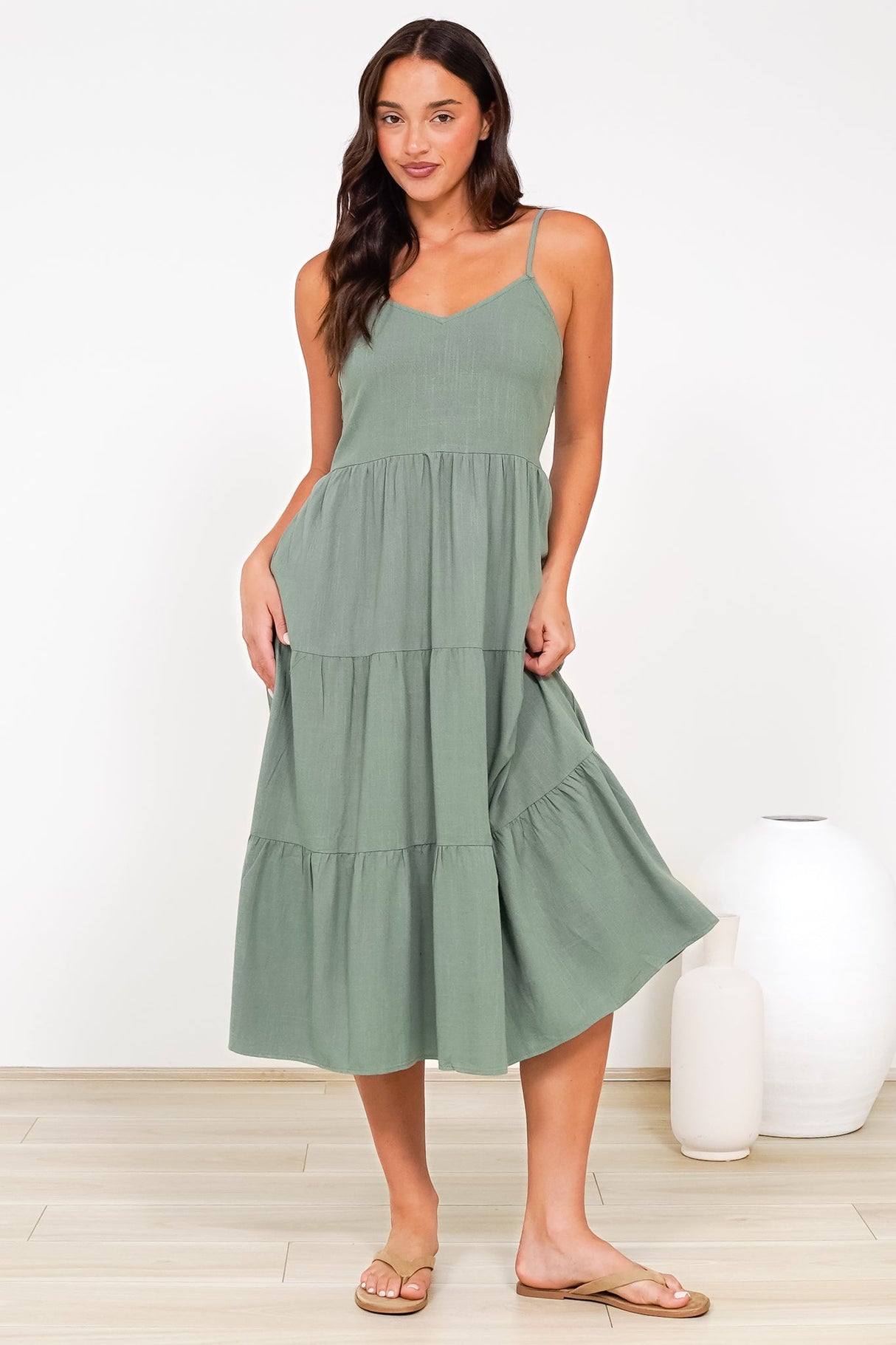 Arlowe Midi Dress - Soft V Neckline Tiered Linen Sun Dress in Khaki