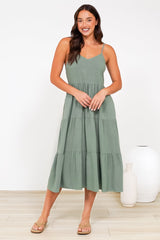 Arlowe Midi Dress - Soft V Neckline Tiered Linen Sun Dress in Khaki