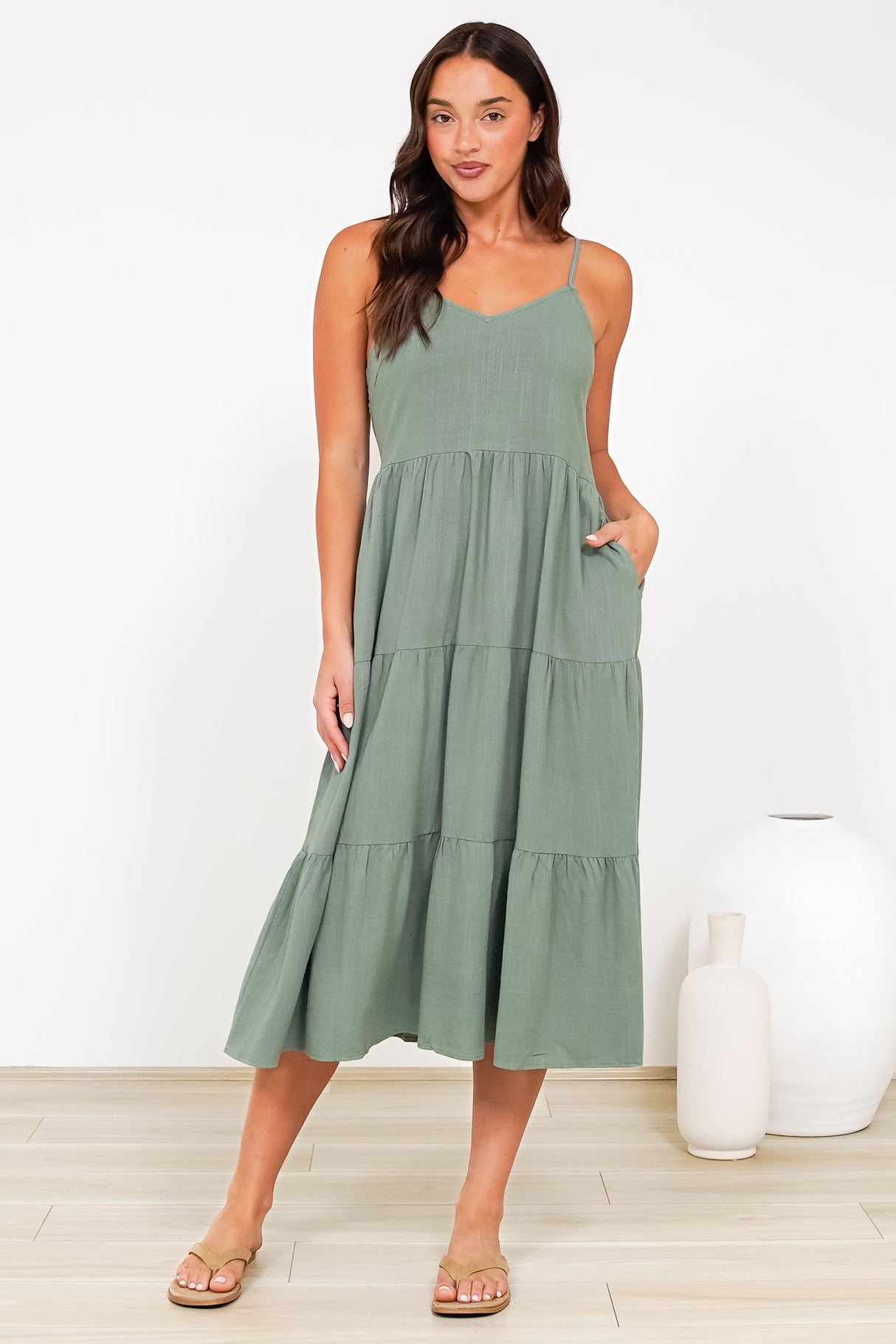 Arlowe Midi Dress - Soft V Neckline Tiered Linen Sun Dress in Khaki
