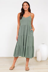Arlowe Midi Dress - Soft V Neckline Tiered Linen Sun Dress in Khaki