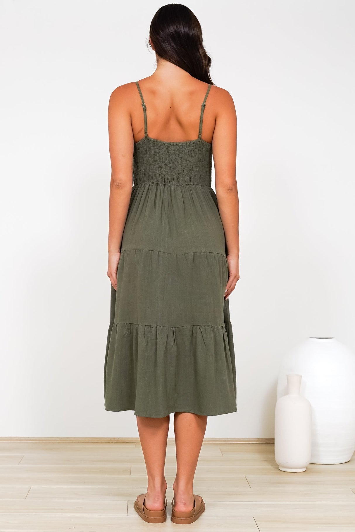 Arlowe Midi Dress - Soft V Neckline Tiered Linen Sun Dress in Military Green