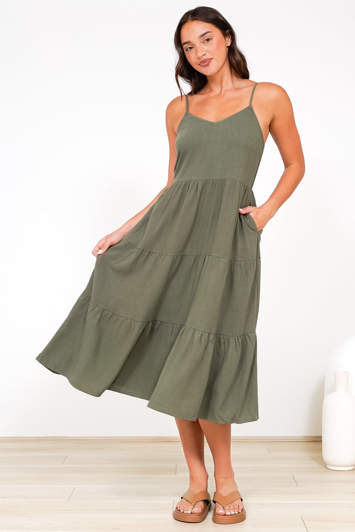 Arlowe Midi Dress - Soft V Neckline Tiered Linen Sun Dress in Military Green