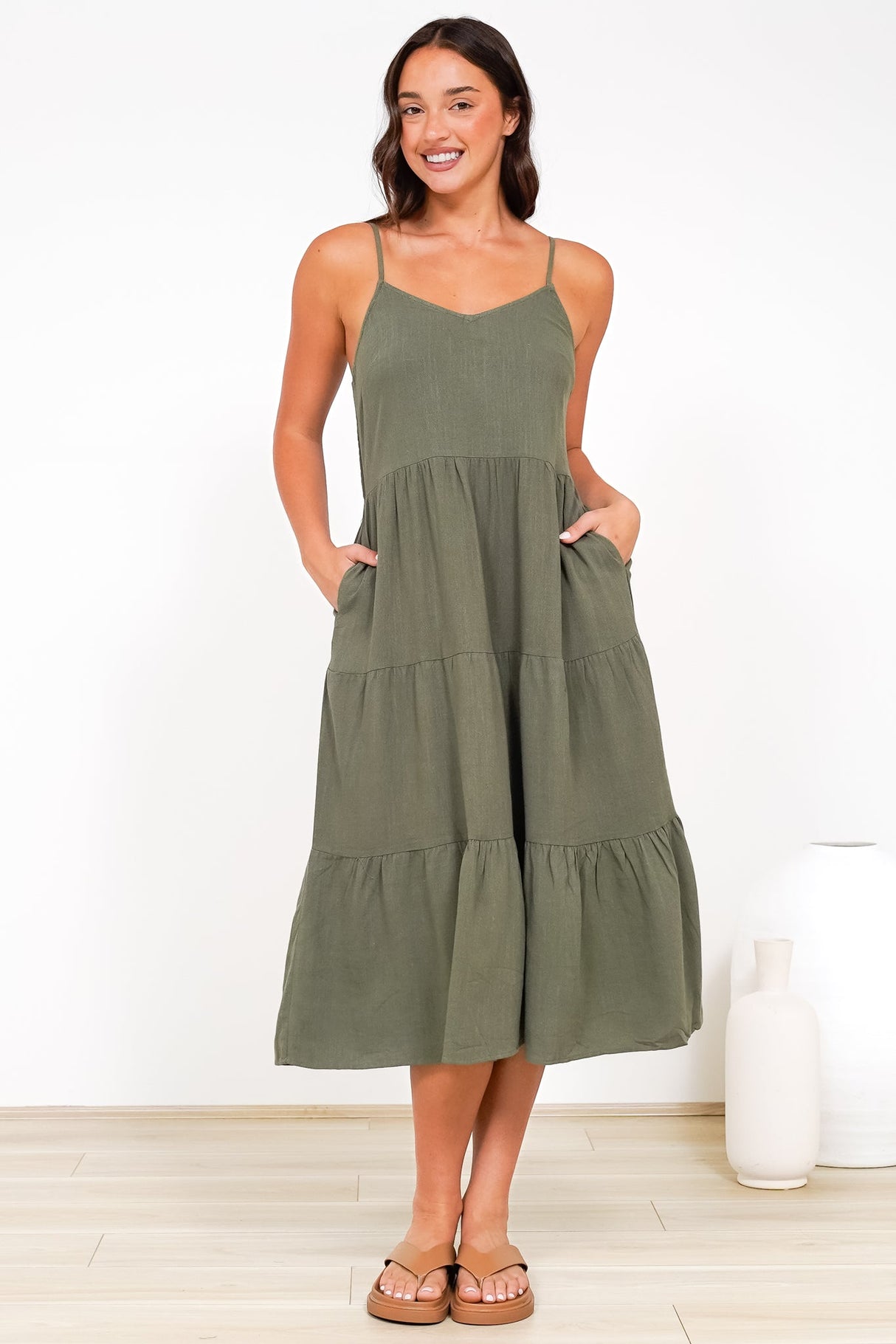 Arlowe Midi Dress - Soft V Neckline Tiered Linen Sun Dress in Military Green