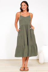 Arlowe Midi Dress - Soft V Neckline Tiered Linen Sun Dress in Military Green