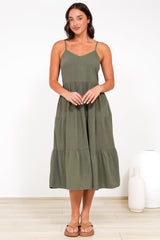 Arlowe Midi Dress - Soft V Neckline Tiered Linen Sun Dress in Military Green
