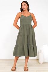 Arlowe Midi Dress - Soft V Neckline Tiered Linen Sun Dress in Military Green