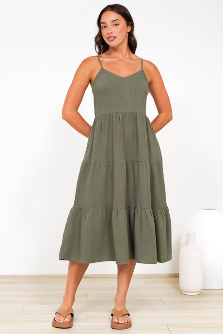 Arlowe Midi Dress - Soft V Neckline Tiered Linen Sun Dress in Military Green