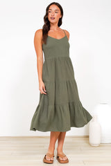 Arlowe Midi Dress - Soft V Neckline Tiered Linen Sun Dress in Military Green