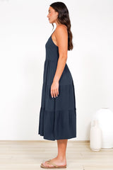 Arlowe Midi Dress - Soft V Neckline Tiered Linen Sun Dress in Navy