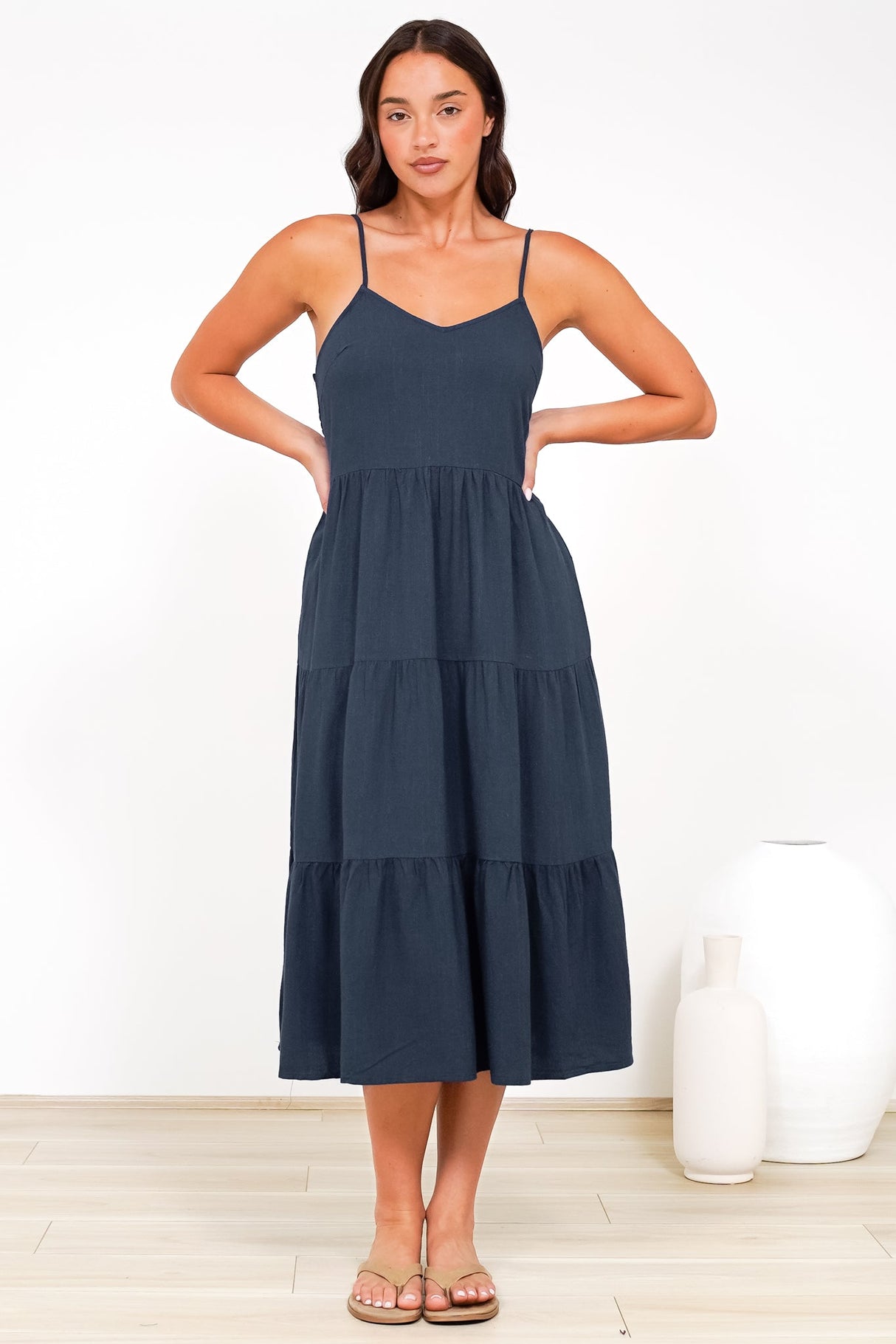 Arlowe Midi Dress - Soft V Neckline Tiered Linen Sun Dress in Navy
